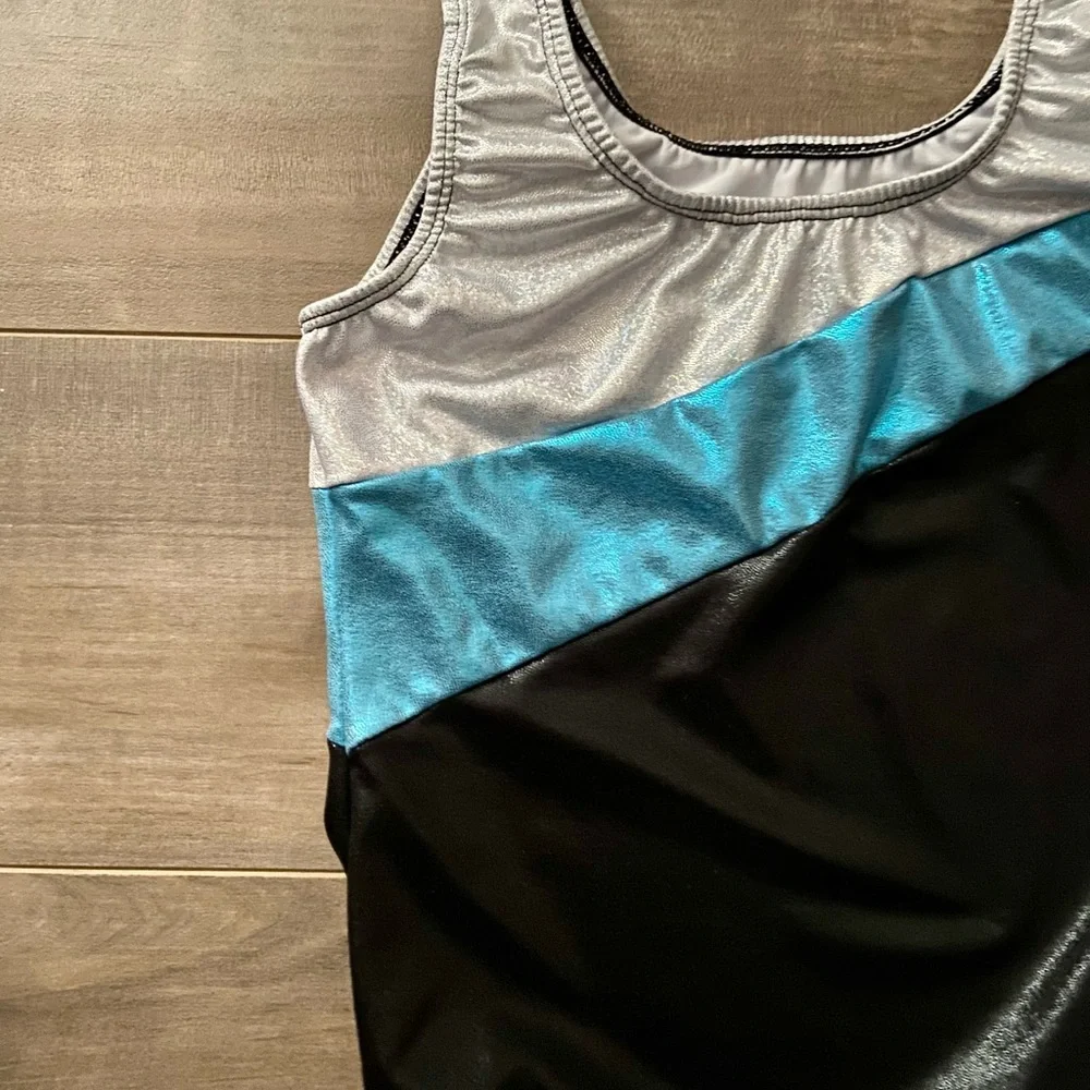 Elite Silver, Blue, and Black Gymnastics Leotard